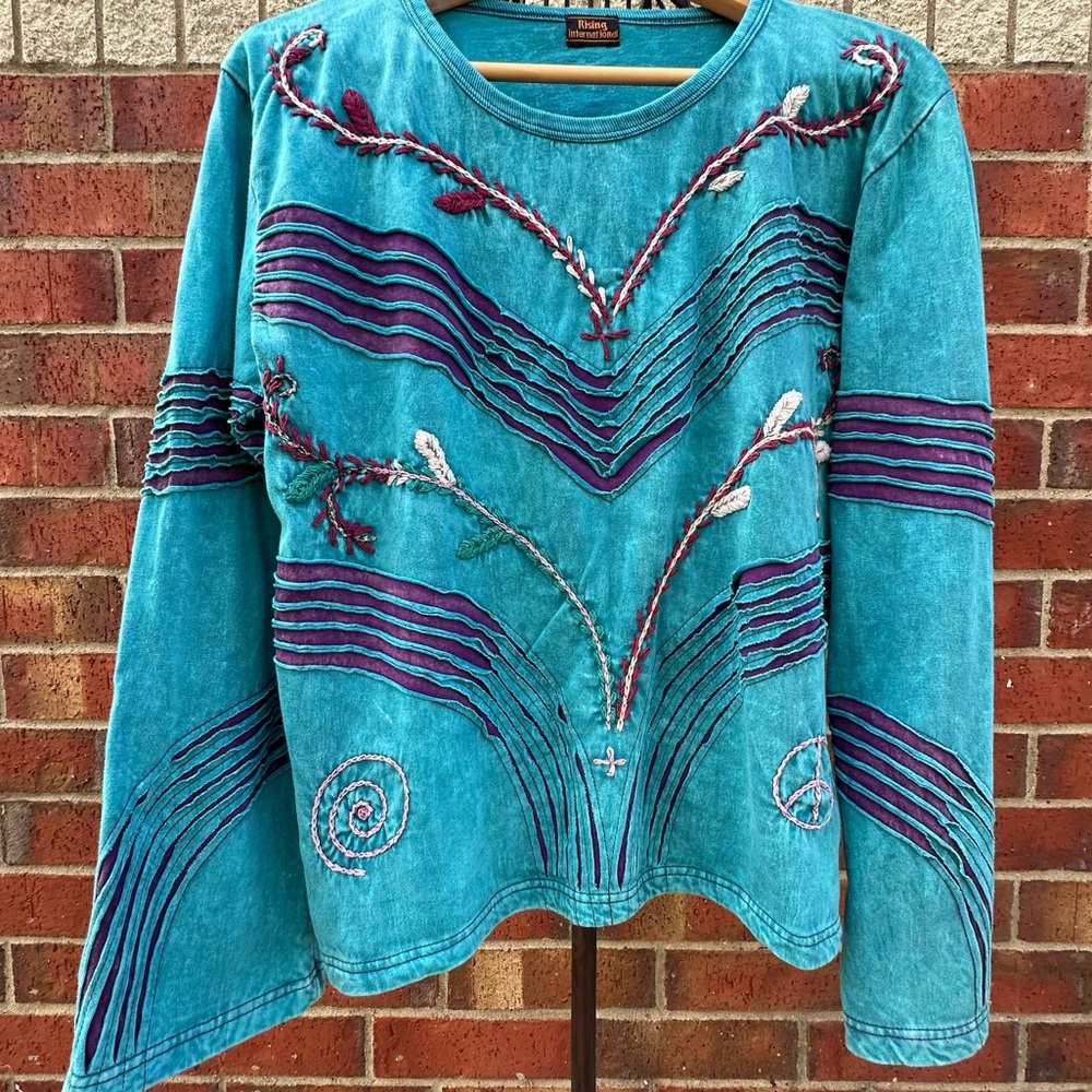 Rising International Teal Embroidered BOHO Artsy Top Tie-Dye Festival Hippie